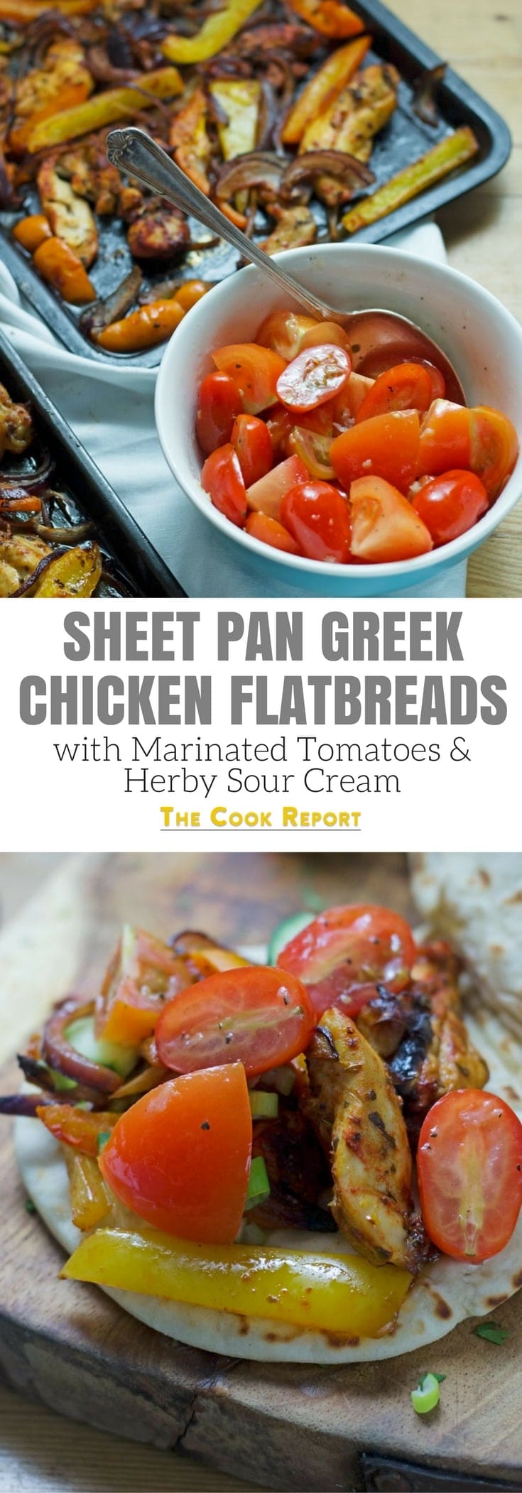 sheet pan greek chicken flatbreads with marinated tomatoes and herby sour cream