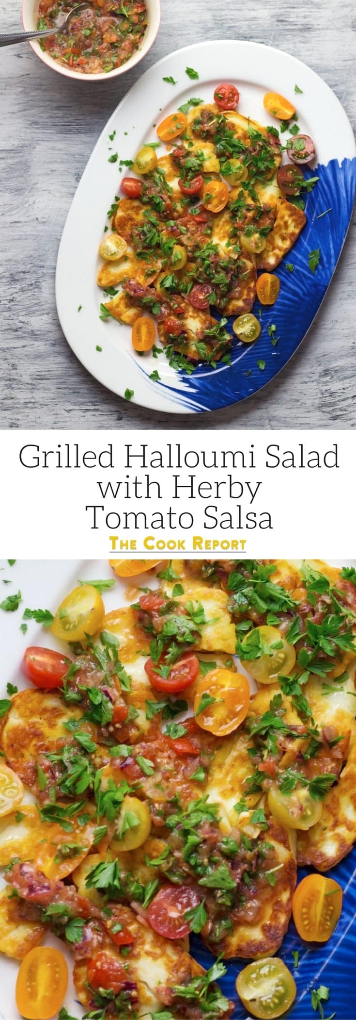 This grilled halloumi salad is topped with a beautiful herby tomato salsa. It's so easy to make and is the ultimate summer meal!