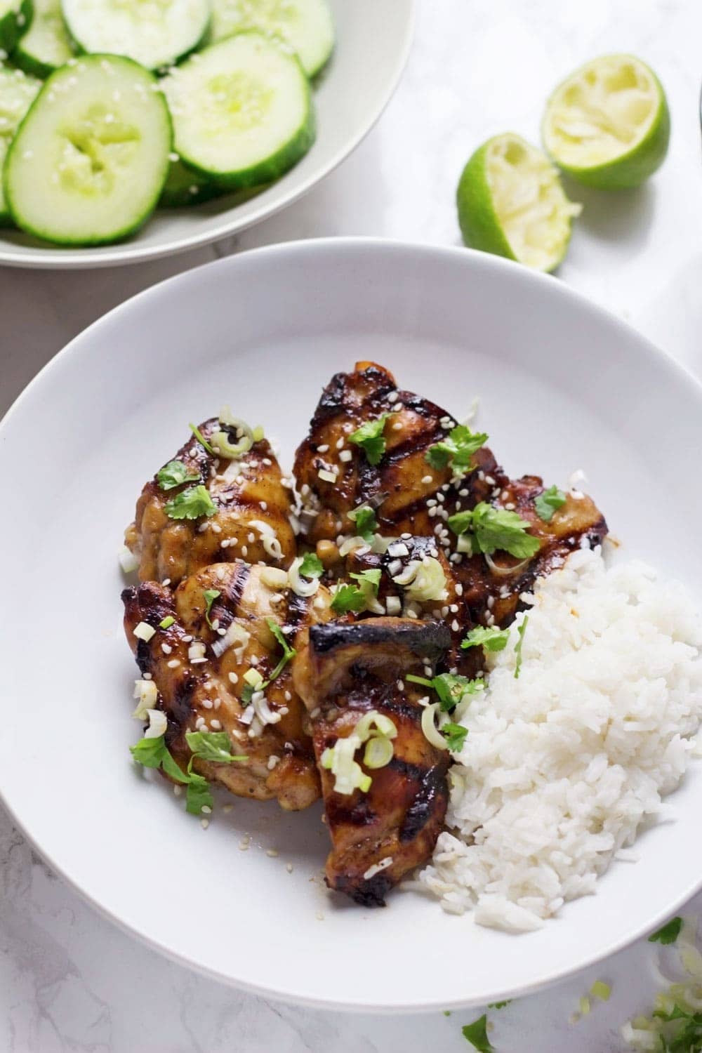 This grilled chicken with peanut sauce is served with a cooling sesame cucumber salad. The recipe requires minimal fuss and feels super indulgent!