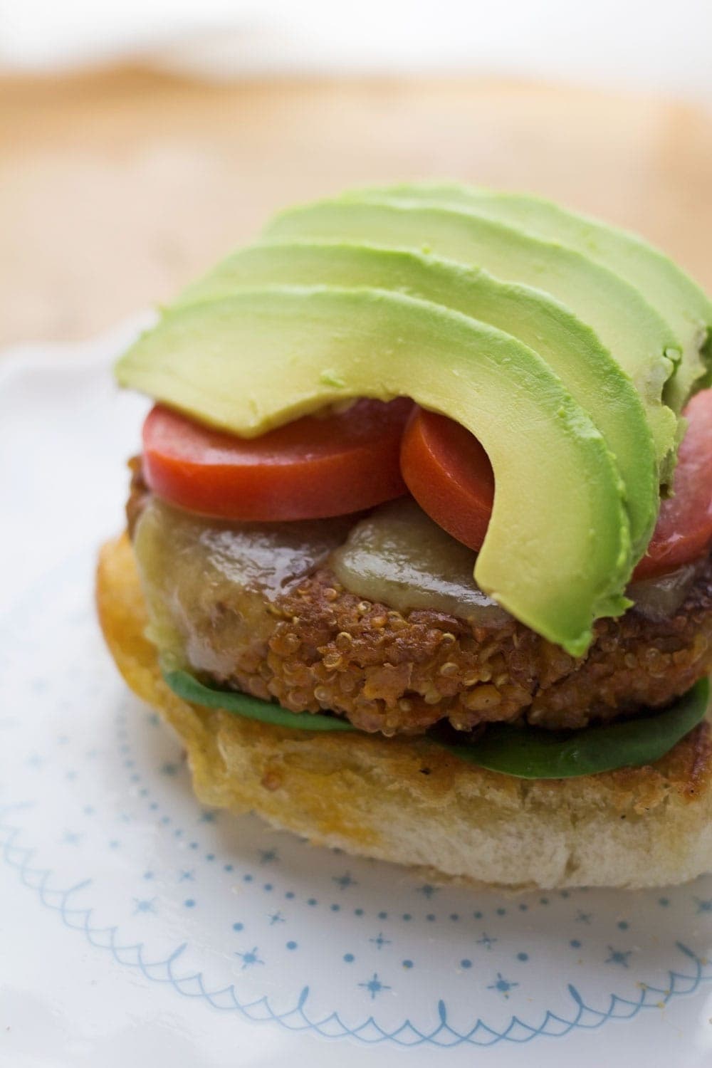 Avocado slices on top of chickpea veggie burgers