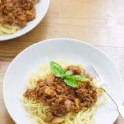 This beef, bacon and mushroom ragu is easy, tasty and the perfect comfort food. Serve on top of spaghetti with a shaving of parmesan.