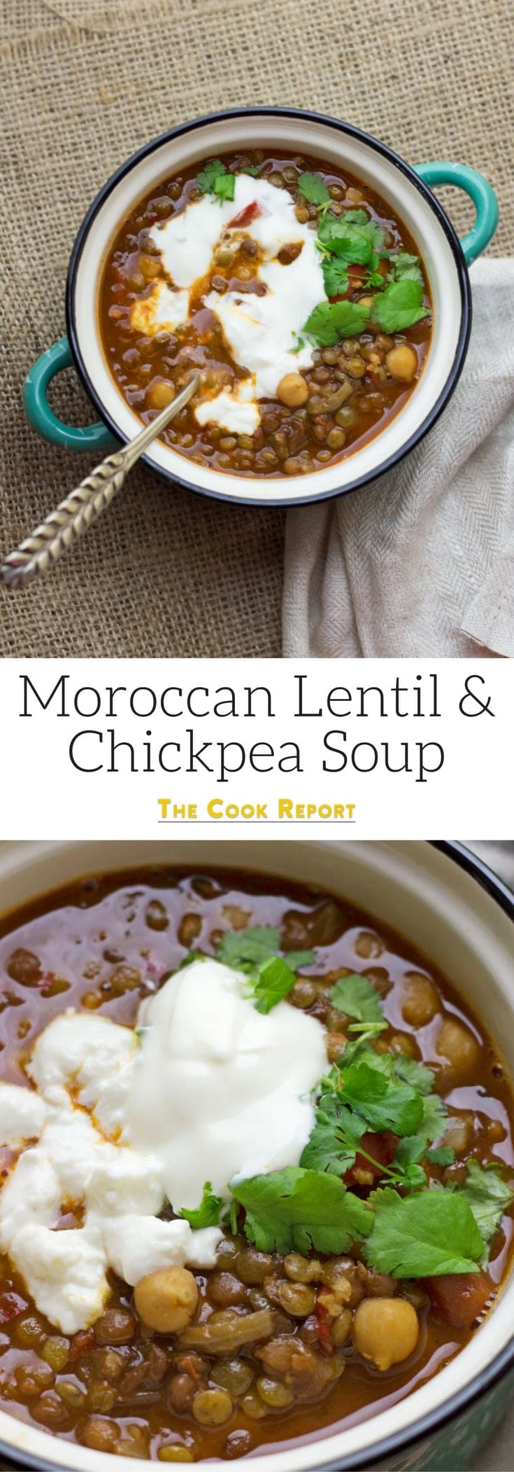 This Moroccan chickpea & lentil soup is a delicious, healthy and filling soup. I serve mine topped with a scoop of Greek yoghurt and a crumbling of feta.