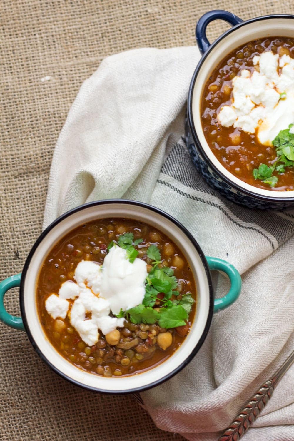 This Moroccan chickpea & lentil soup is a delicious, healthy and filling soup. I serve mine topped with a scoop of Greek yoghurt and a crumbling of feta.