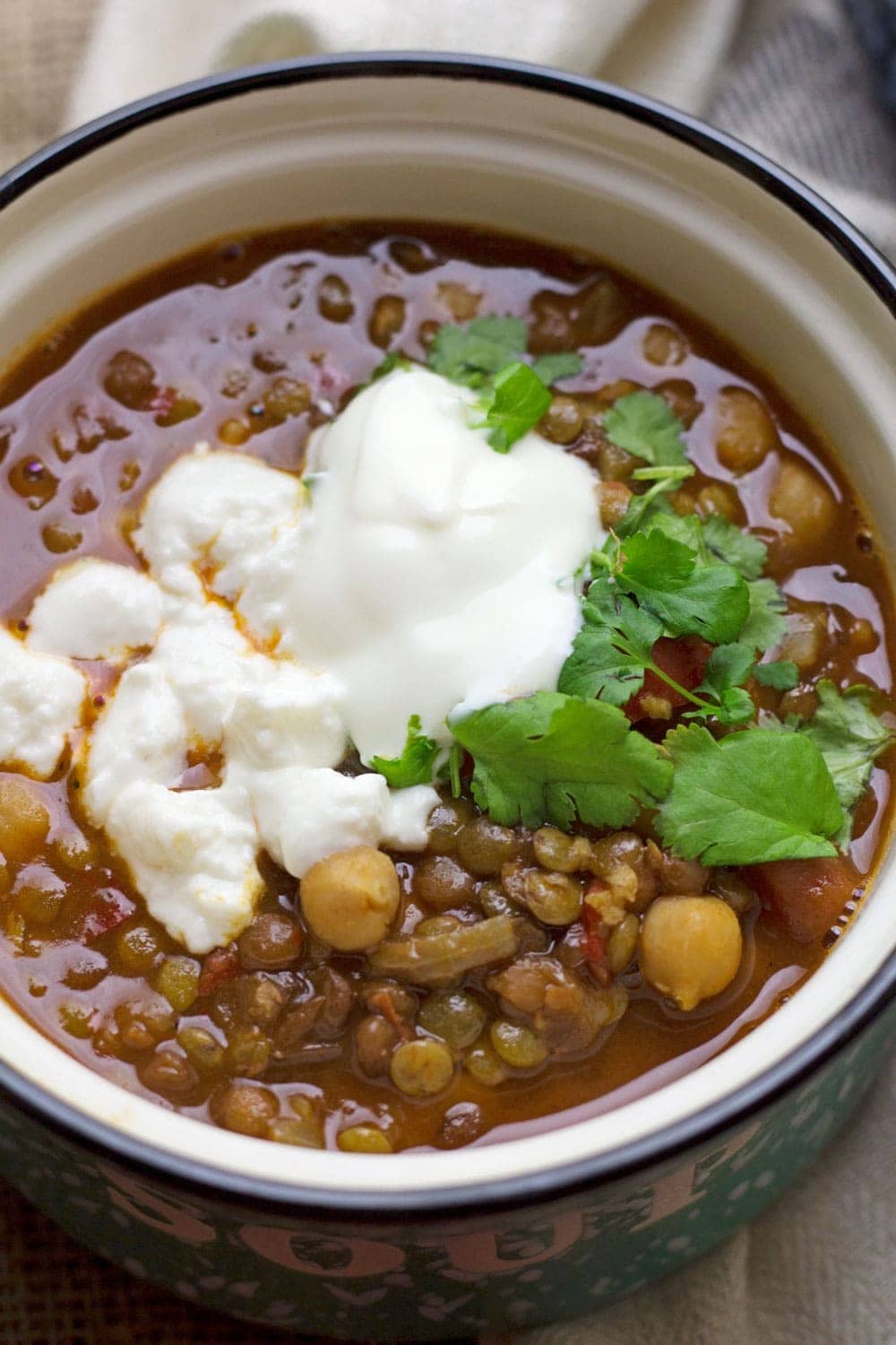 This Moroccan chickpea & lentil soup is a delicious, healthy and filling soup. I serve mine topped with a scoop of Greek yoghurt and a crumbling of feta.