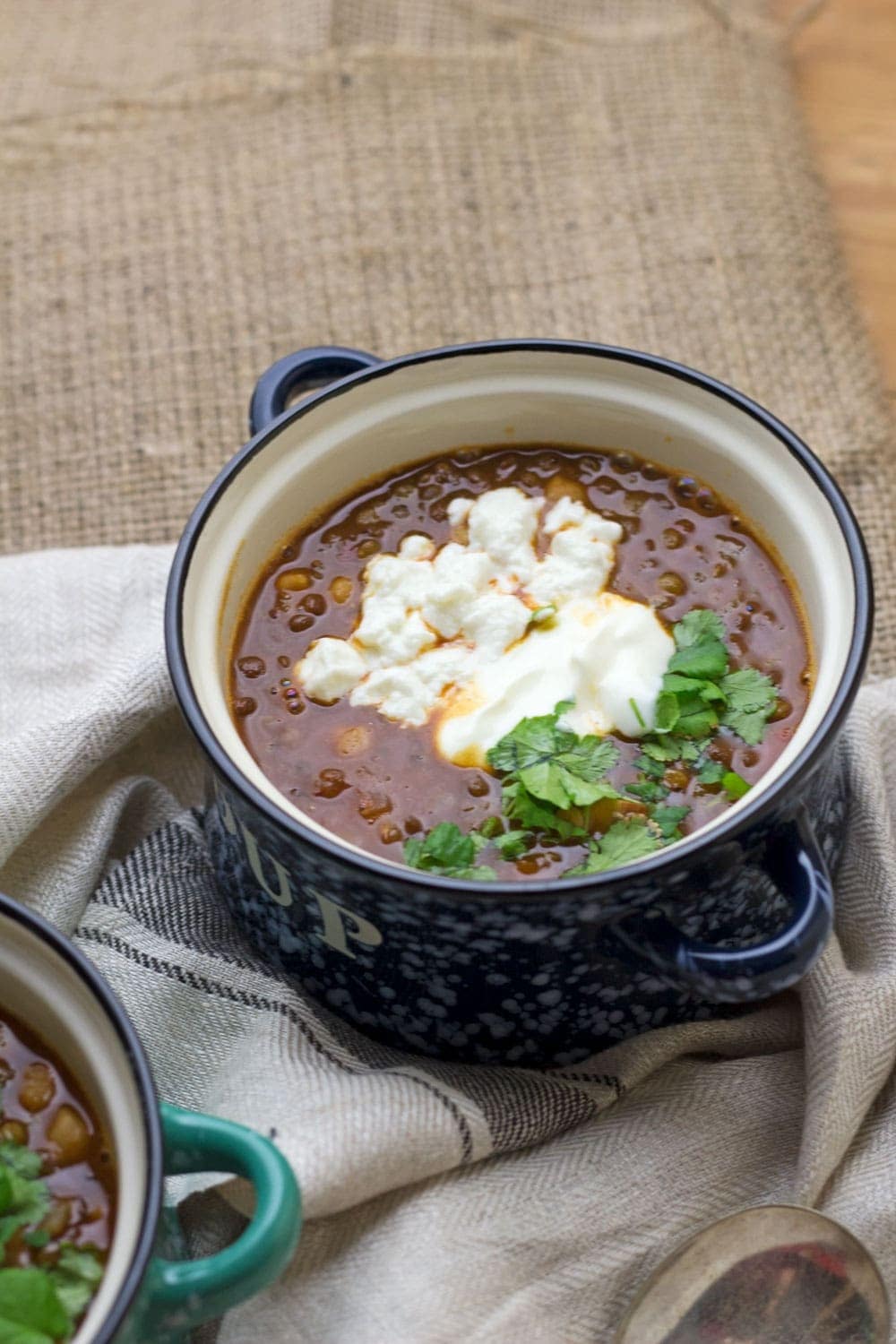 This Moroccan chickpea & lentil soup is a delicious, healthy and filling soup. I serve mine topped with a scoop of Greek yoghurt and a crumbling of feta.