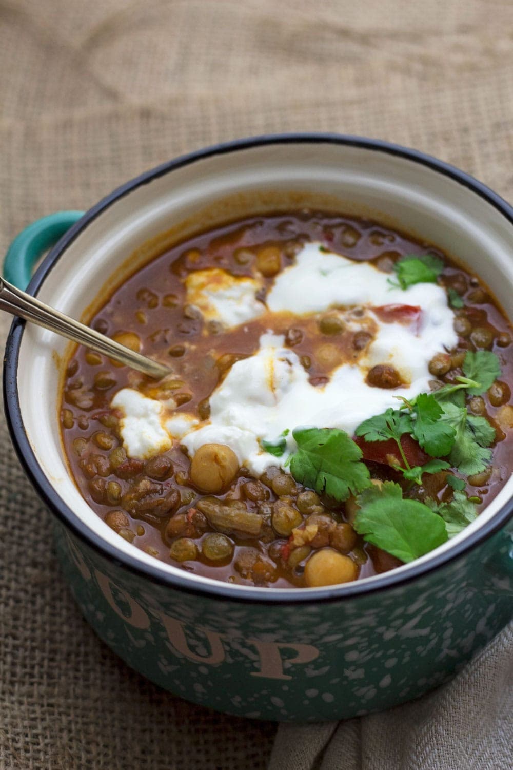 This Moroccan chickpea & lentil soup is a delicious, healthy and filling soup. I serve mine topped with a scoop of Greek yoghurt and a crumbling of feta.