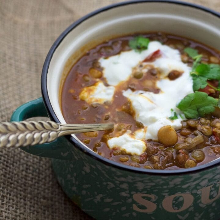 This Moroccan chickpea & lentil soup is a delicious, healthy and filling soup. I serve mine topped with a scoop of Greek yoghurt and a crumbling of feta.