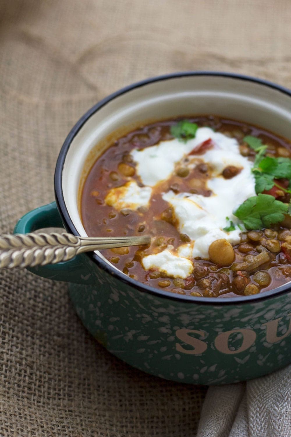 This Moroccan chickpea & lentil soup is a delicious, healthy and filling soup. I serve mine topped with a scoop of Greek yoghurt and a crumbling of feta.