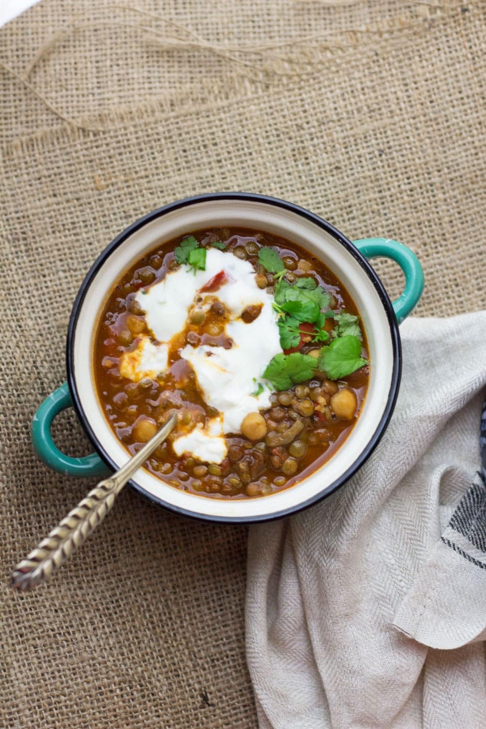 This Moroccan chickpea & lentil soup is a delicious, healthy and filling soup. I serve mine topped with a scoop of Greek yoghurt and a crumbling of feta.