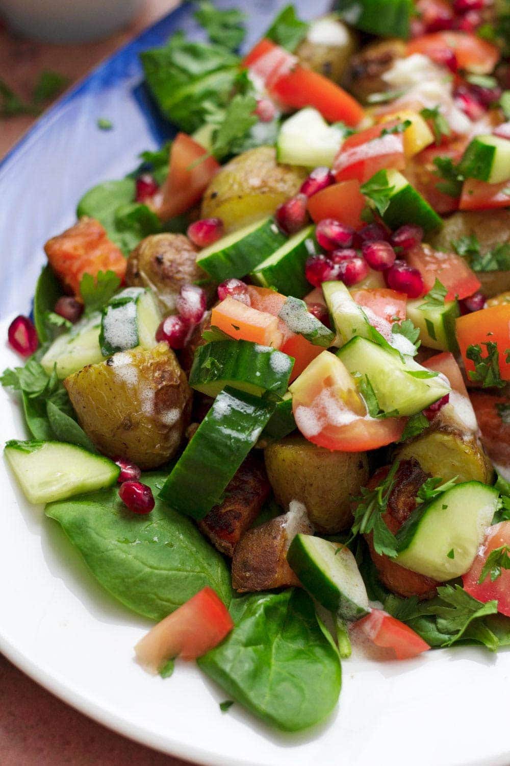 Close up of potato salad recipe with cucumber and tomato on a white plate