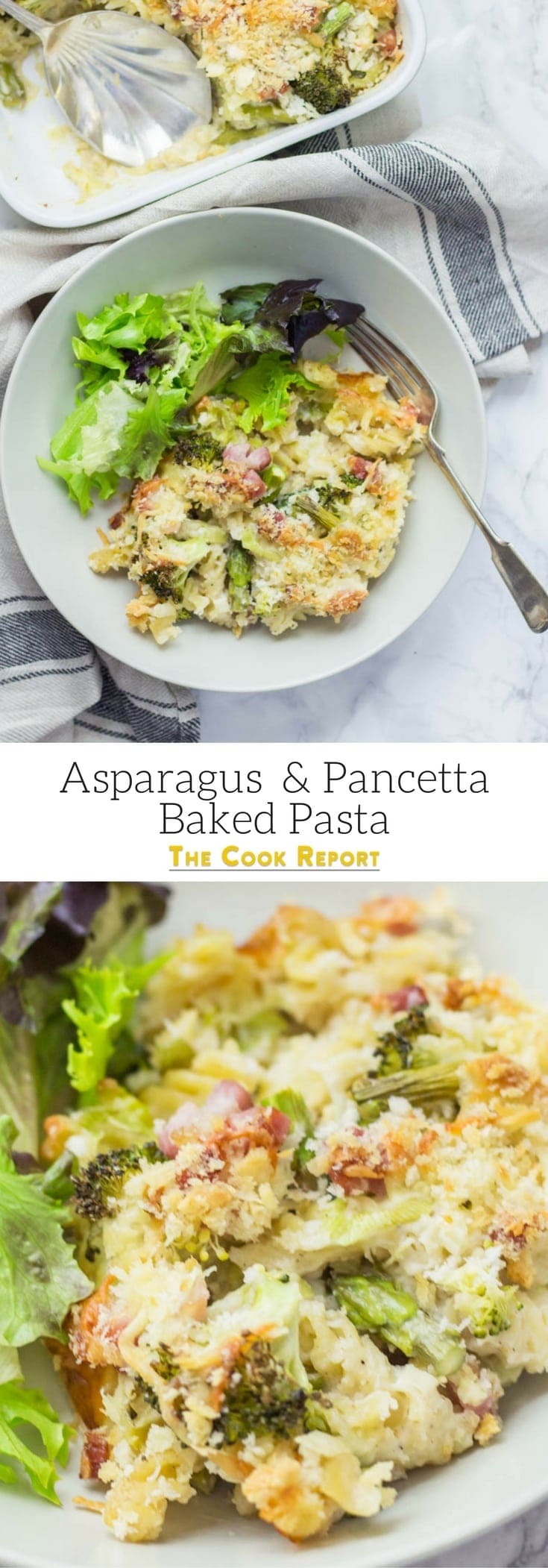 This asparagus & pancetta baked pasta is a perfect family dinner which also makes great leftovers eaten cold the next day.