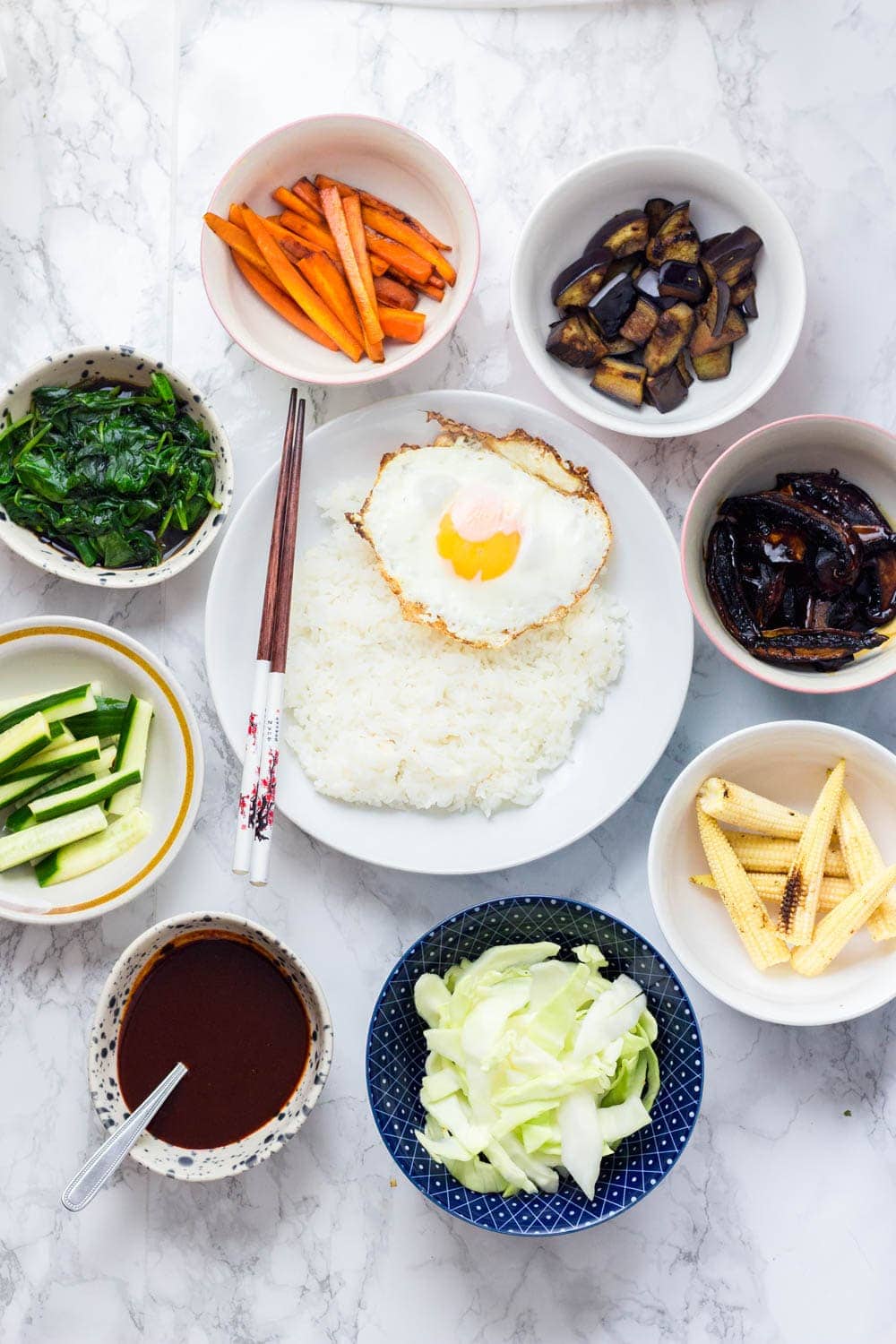 Overhead shot of ingredients for bibimbap