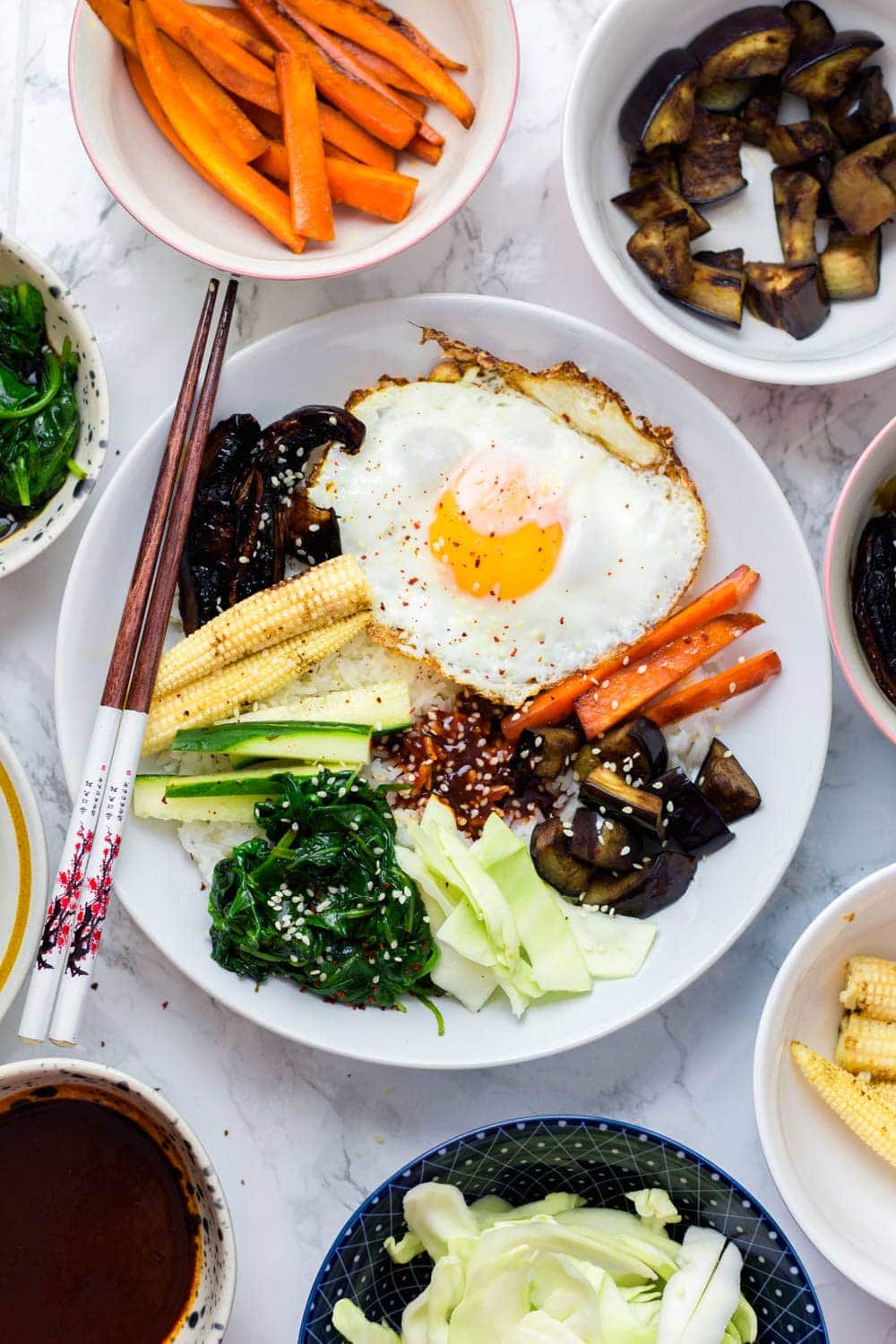 Vegetarian bibimbap on a marble surface