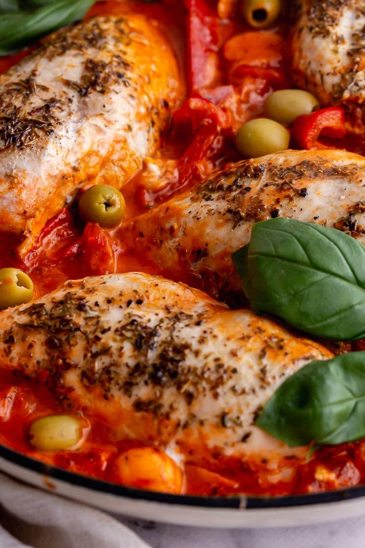 Close up of chicken in an Italian tomato sauce 
