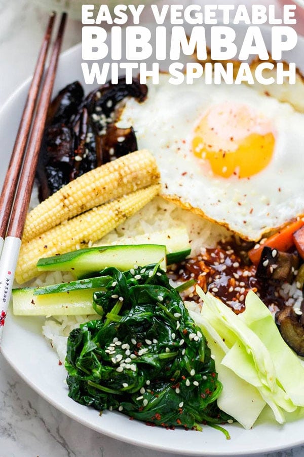 Pinterest image for vegetable bibimbap with text overlay