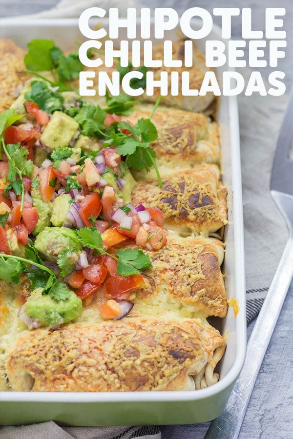 Pinterest image for chipotle chilli beef enchiladas with text overlay