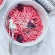 This roasted beetroot one-pot pasta is finished with a spoonful of goat's cheese. It's so easy and looks amazing, this dish is perfect comfort food!