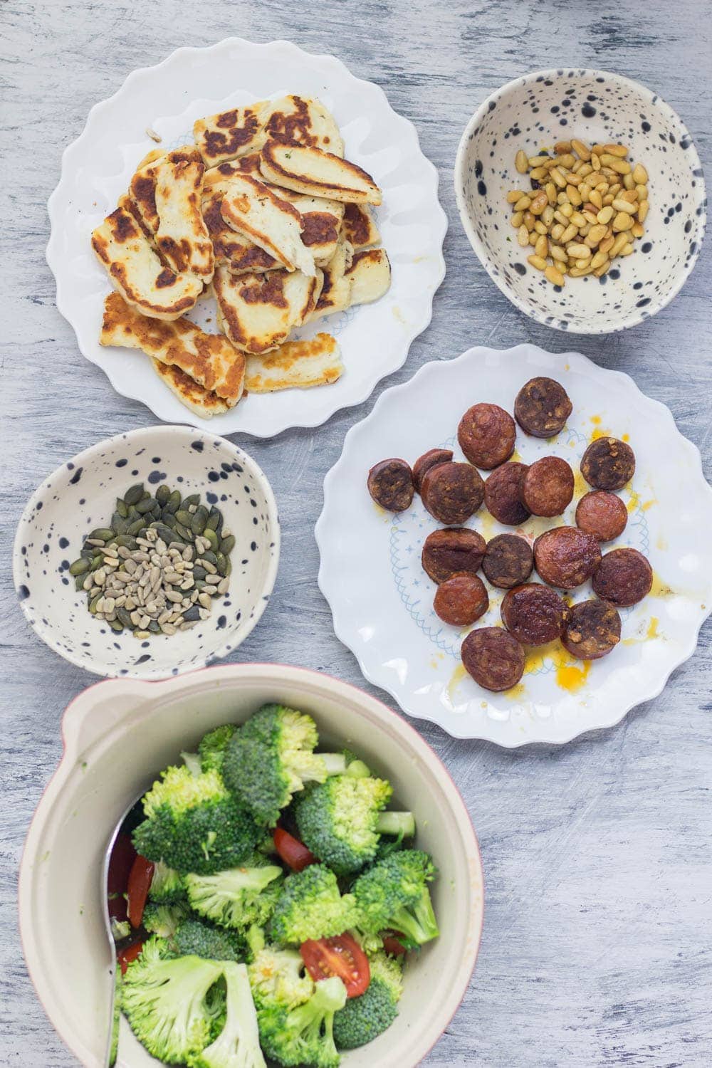 Halloumi & chorizo wraps are such a tasty lunch or dinner. The halloumi & chorizo are wrapped with a fresh broccoli slaw and a sprinkling of nuts and seeds.