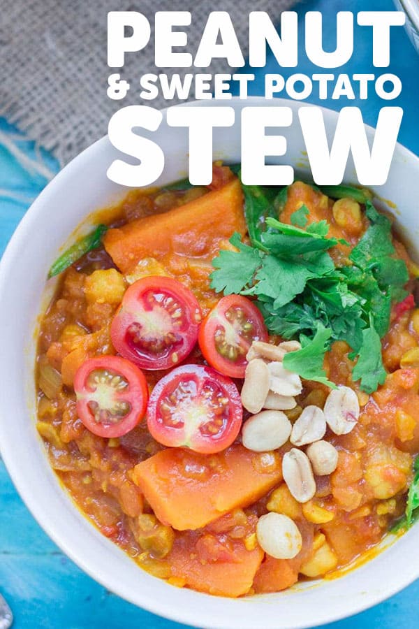 Pinterest image for peanut and sweet potato stew with text overlay