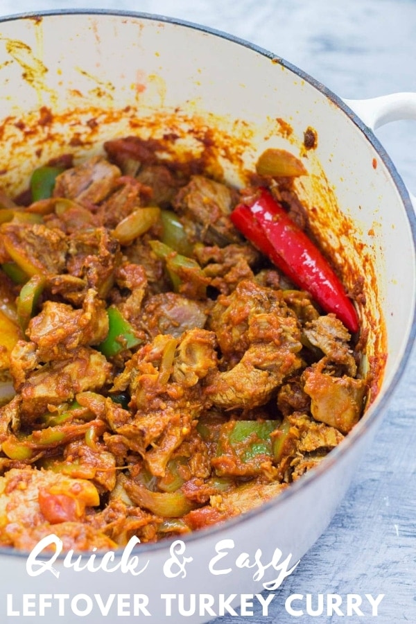Pinterest image for leftover turkey curry with text overlay