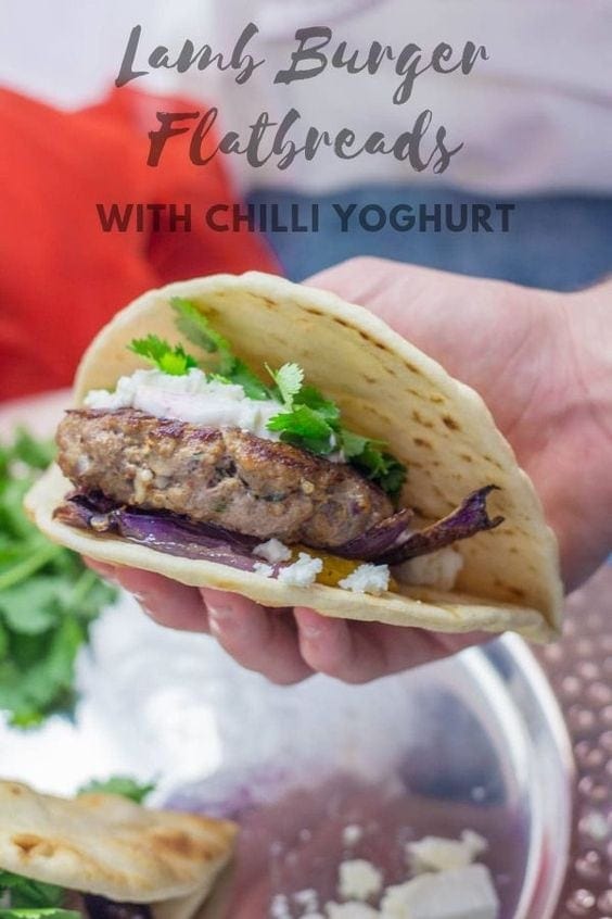 Pinterest image for Moroccan lamb burger flatbreads with text overlay