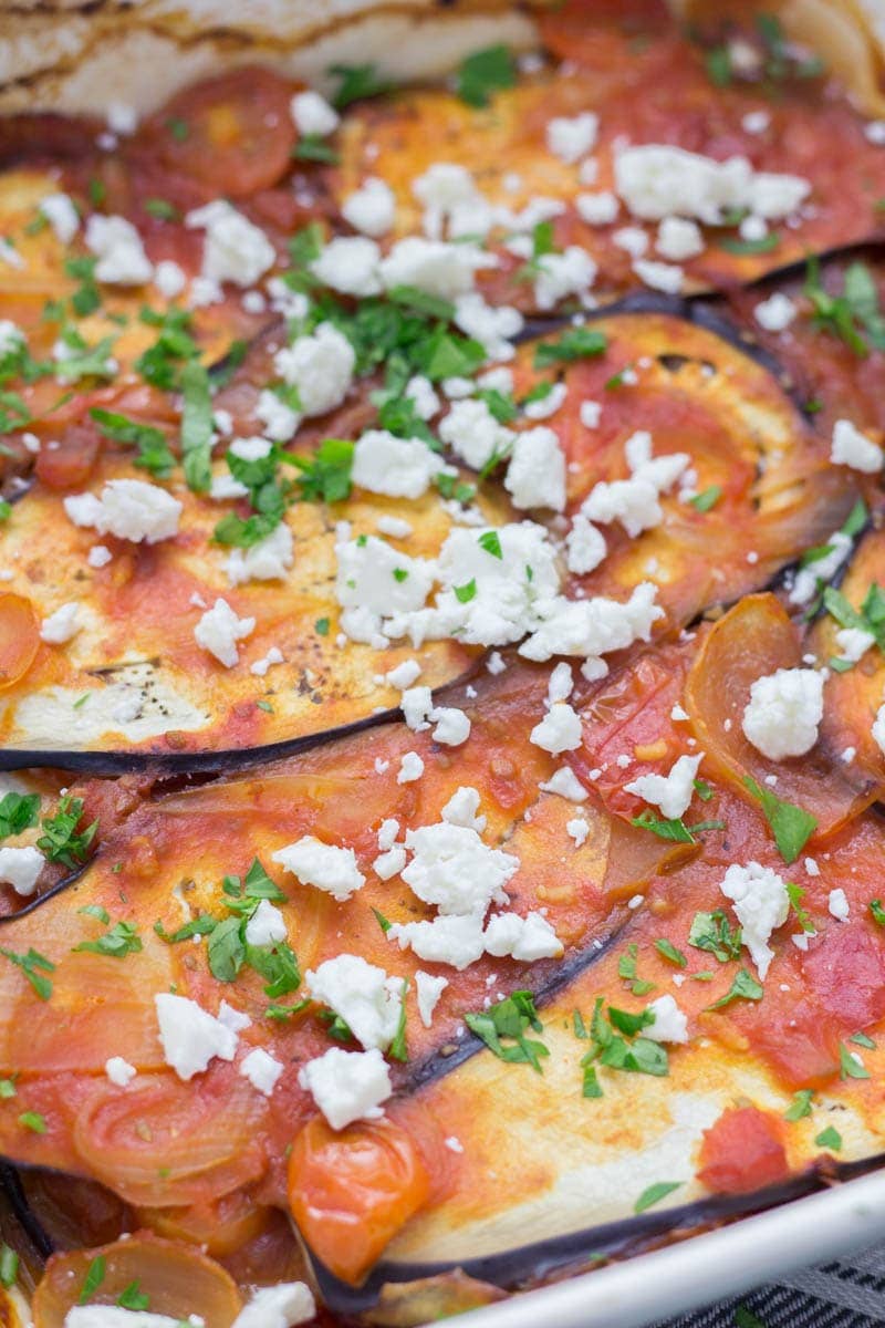 Close up of aubergine bake with feta