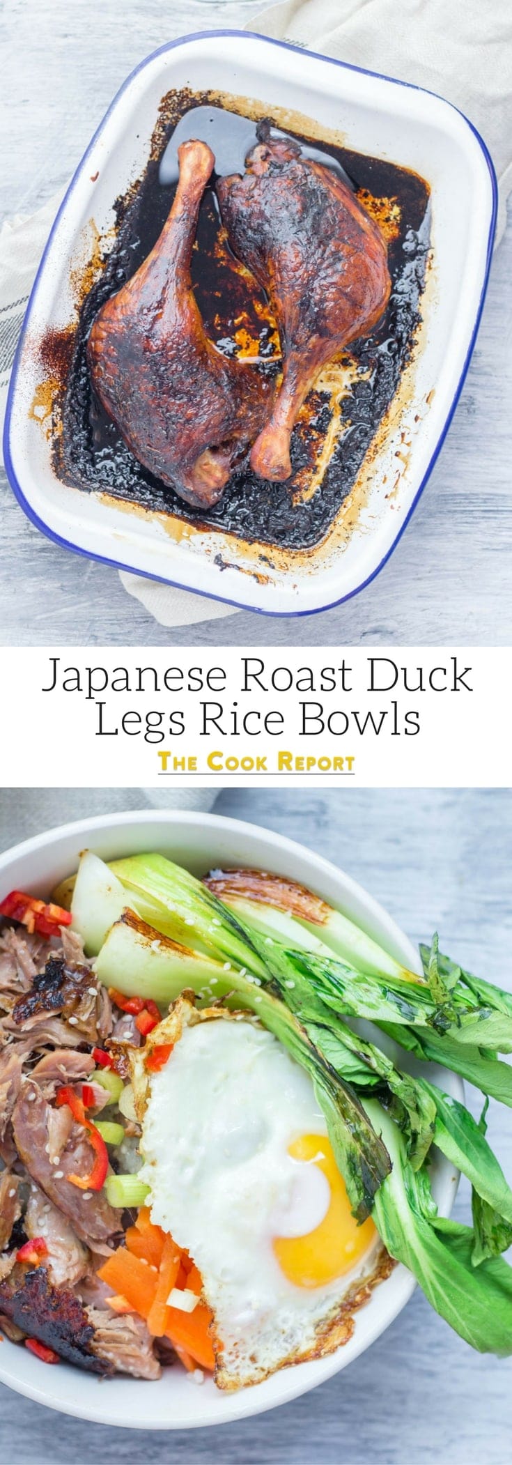Japanese roast duck legs are shredded and served over sticky rice with pak choi, chilli and perfectly soft fried egg for a tasty dinner all in one bowl! #japanese #duck #roastduck #recipe #healthyrecipe