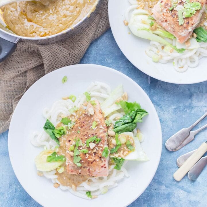 Peanut Salmon Udon Noodles with Pak Choi. The sauce on this peanut salmon is to die for! Perfectly flaky salmon sits on top of udon noodles and wilted pak choi with a creamy peanut sauce. #salmon #udonnoodles #recipe #dinner