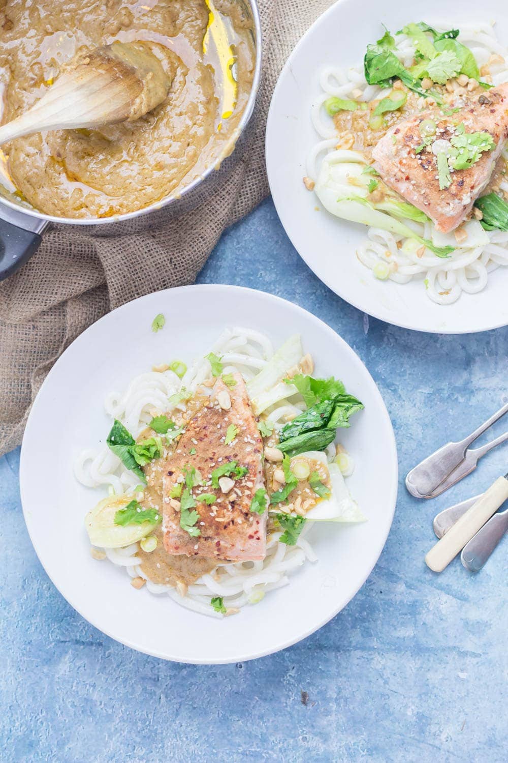 Peanut Salmon Udon Noodles with Pak Choi. The sauce on this peanut salmon is to die for! Perfectly flaky salmon sits on top of udon noodles and wilted pak choi with a creamy peanut sauce. #salmon #udonnoodles #recipe #dinner