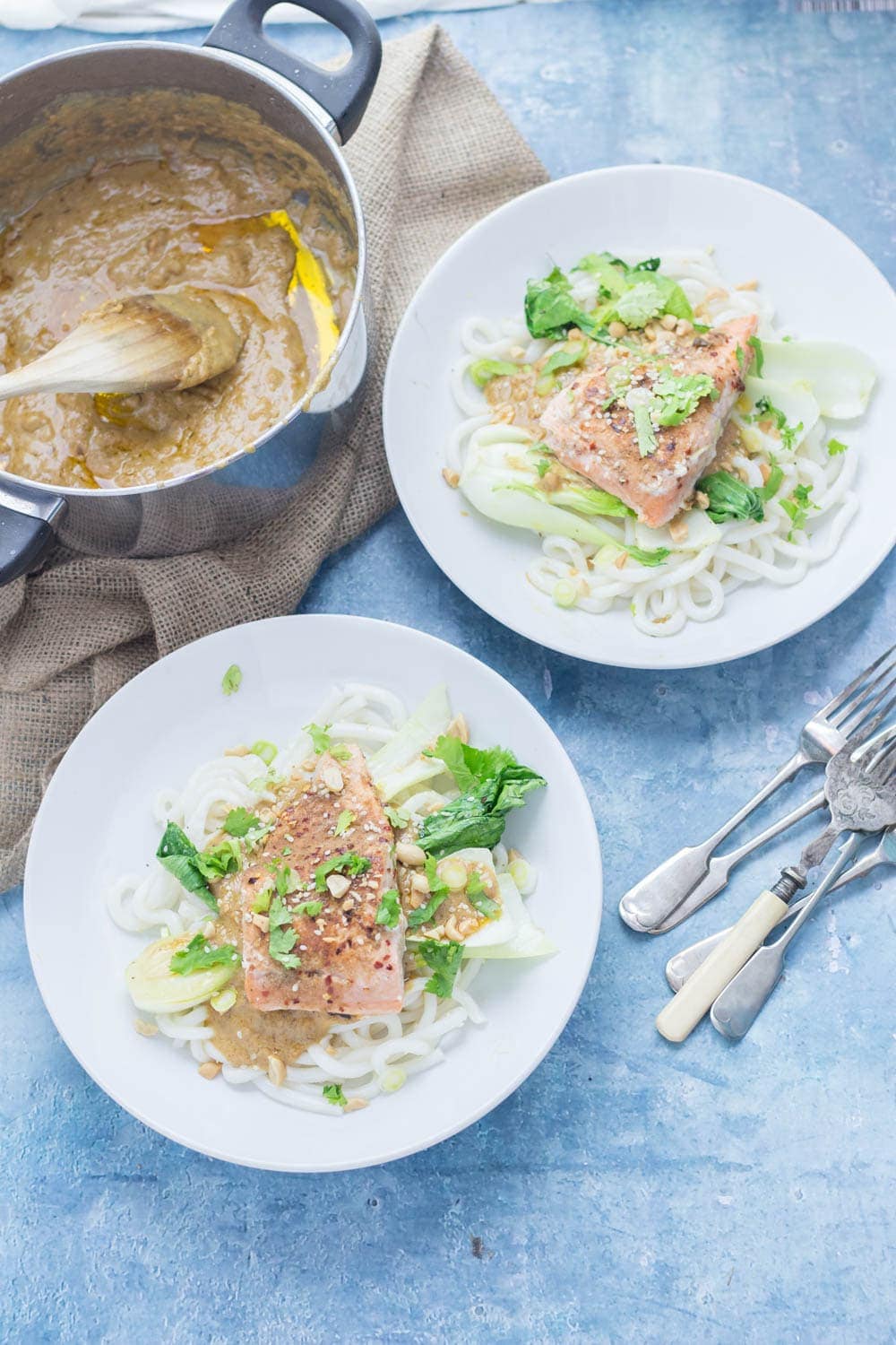 Peanut Salmon Udon Noodles with Pak Choi. The sauce on this peanut salmon is to die for! Perfectly flaky salmon sits on top of udon noodles and wilted pak choi with a creamy peanut sauce. #salmon #udonnoodles #recipe #dinner