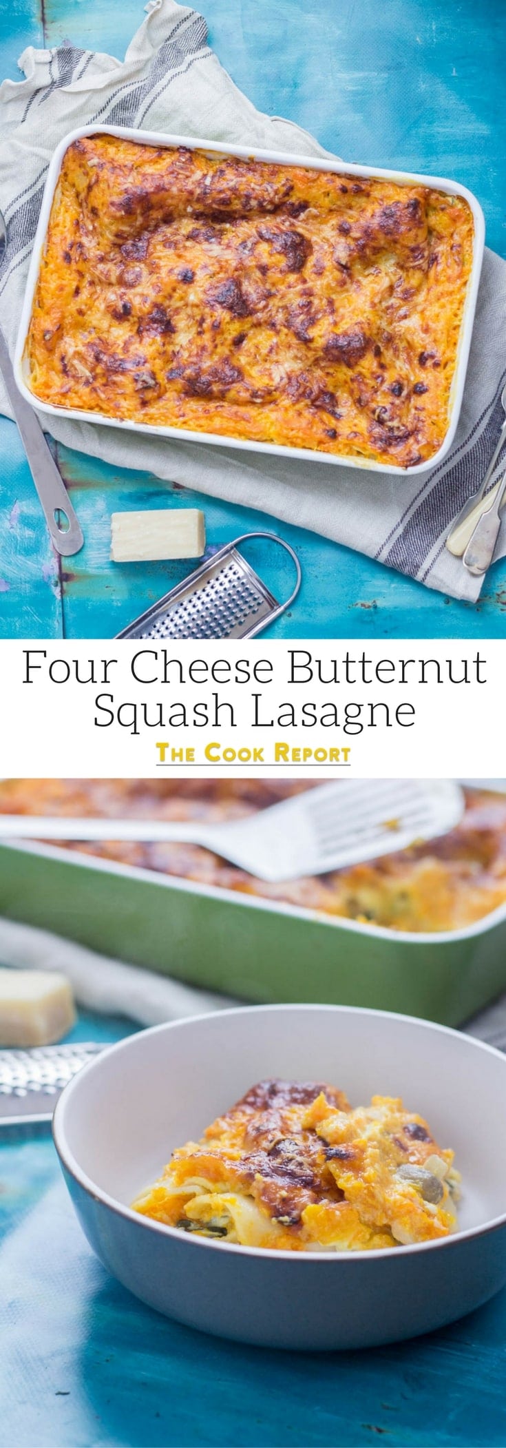 Four Cheese Butternut Squash Lasagne. This vegetarian twist on a classic pasta dish is the perfect comfort food! This four cheese butternut squash lasagne is layered with spinach and mushrooms. #lasagne #lasagna #squash #pasta #dinner