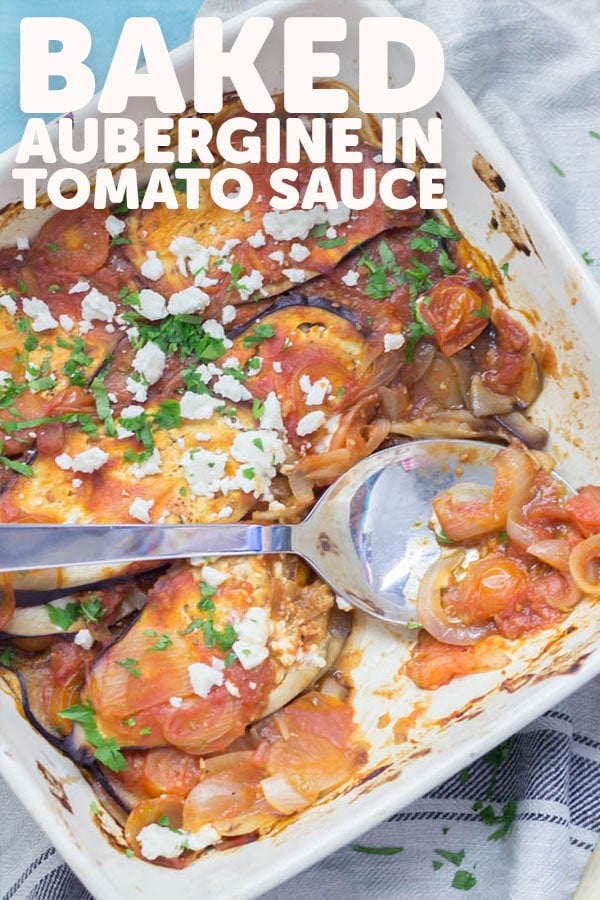Pinterest image for baked aubergine in tomato sauce with text overlay