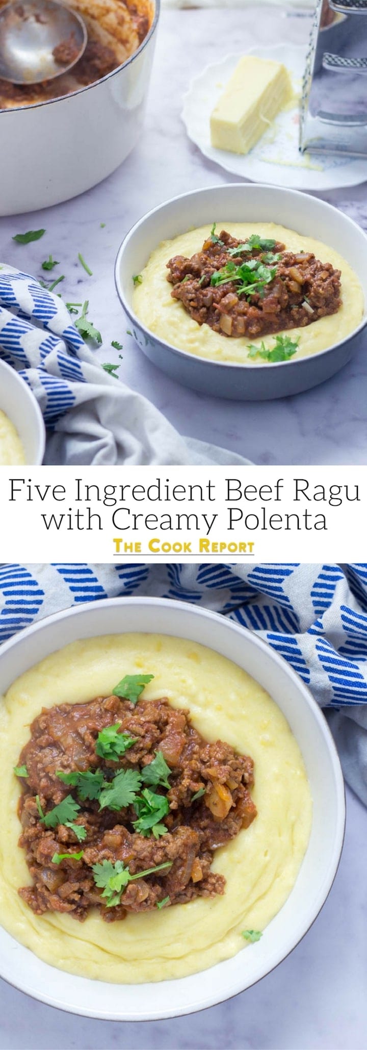 Five Ingredient Beef Ragu with Creamy Polenta. This beef ragu is the perfect quick, weeknight dinner. It takes only five ingredients to make and tastes amazing served over creamy, cheesy polenta. There's no better winter meal! #beefragu #polenta #recipe #dinner
