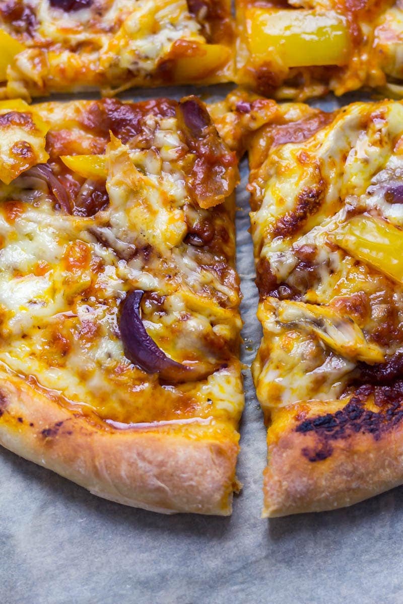 Close up of slices of stuffed crust pizza