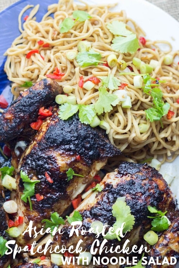 Pinterest image for Asian roasted spatchcock chicken with text overlay