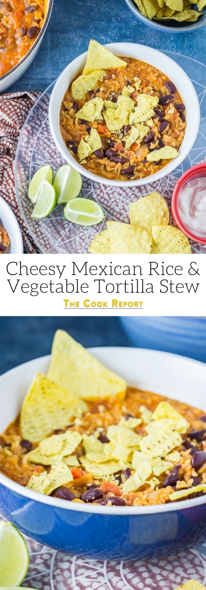 Mexican Rice & Vegetable Stew. Cheesy Mexican rice and vegetable tortilla stew is a tasty vegetarian weeknight dinner packed with beans, vegetables and spices! #mexican #rice #stew #vegetarian