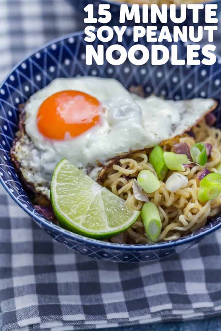 Pinterest image of soy peanut noodles with text overlay