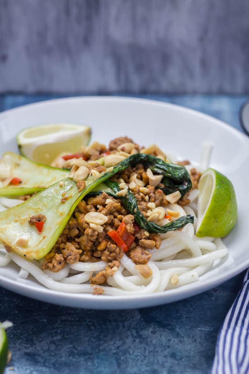 20 Minute Dinners: Udon noodle stir fry topped with turkey mince and pak choi in a white bowl on a blue background