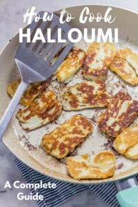 Cooked halloumi in a pan with text overlay