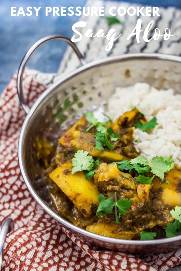 Pinterest image for pressure cooker saag aloo with text overlay