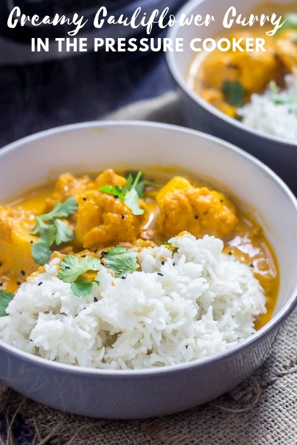 Pinterest image for creamy cauliflower curry with text overlay