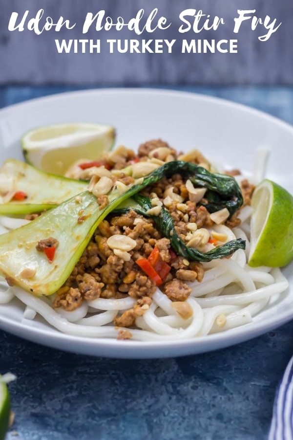 Pinterest image for udon noodle stir fry with turkey mince with text overlay