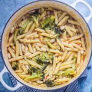 Broccoli and White Bean One Pot Pasta on a blue background