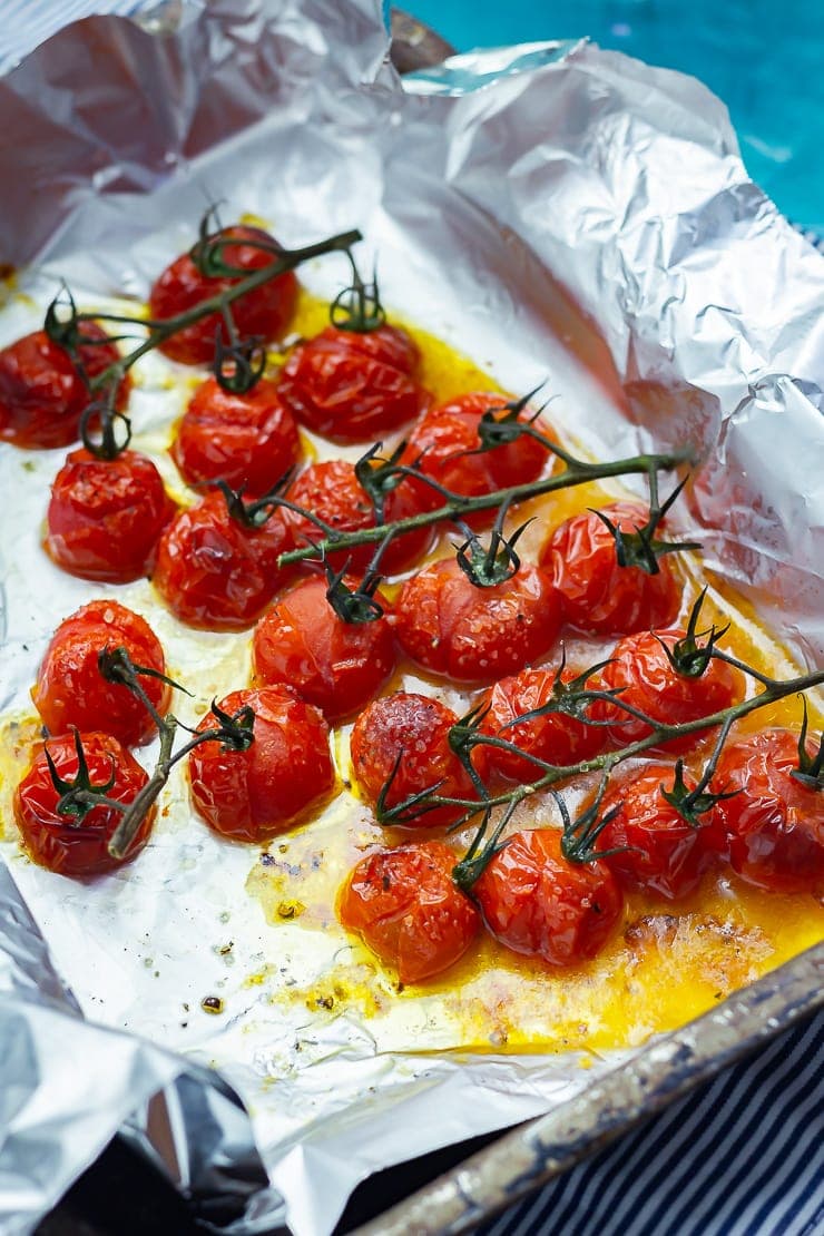 Roasted cherry tomatoes on aluminium foil