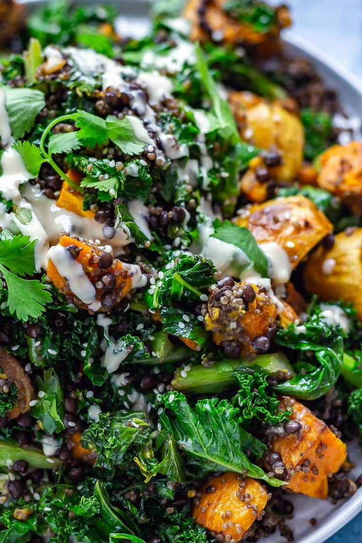 Close up of Sweet Potato and Quinoa Salad with Sesame Dressing