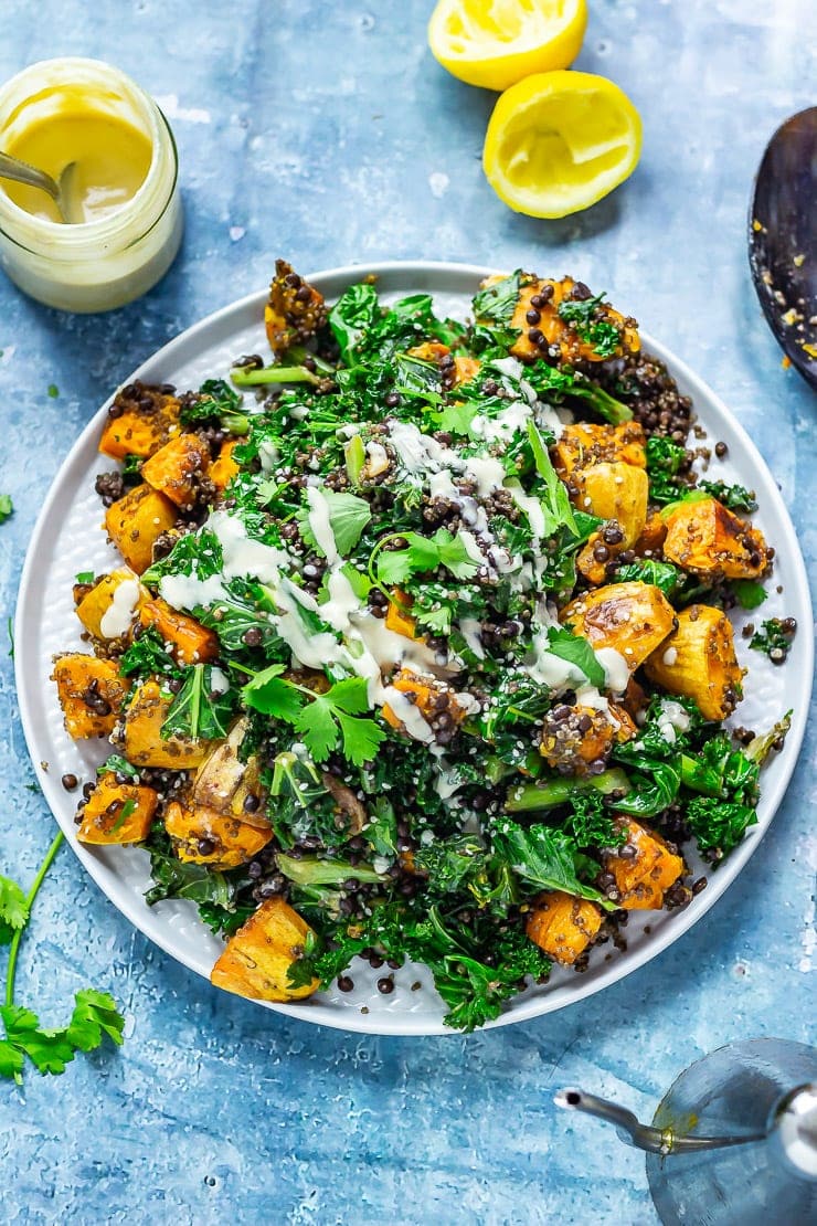 Overhead shot of Sweet Potato and Quinoa Salad with Sesame Dressing
