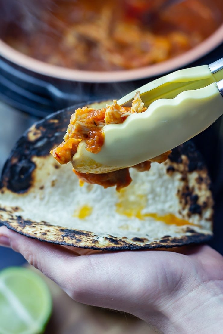 Tongs holding chipotle chicken taco filling over a small tortilla 