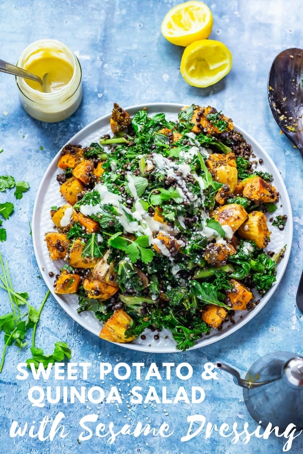 Sweet Potato & Quinoa Salad with Sesame Dressing. Salads are only worth eating if they're going to fill you up and make you feel amazing. This sweet potato and quinoa salad does exactly that. Drizzle with a good helping of creamy sesame dressing and you've got a perfect lunch or dinner. #salad #vegetarianrecipe #healthyrecipe #thecookreport