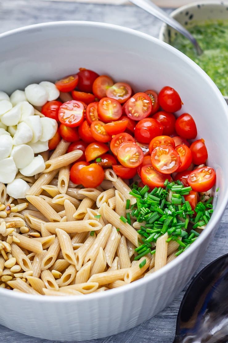 Ingredients for caprese pasta salad