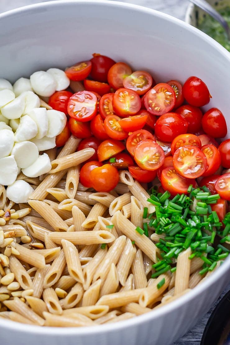 Ingredients for caprese pasta salad